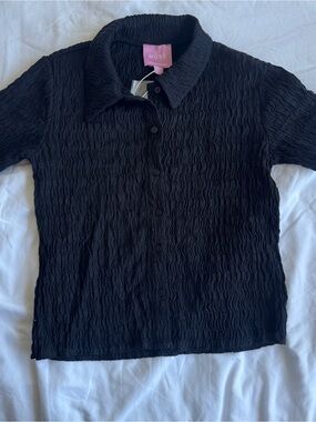 Muse Black Textured Short-Sleeve Button-Down Top XS